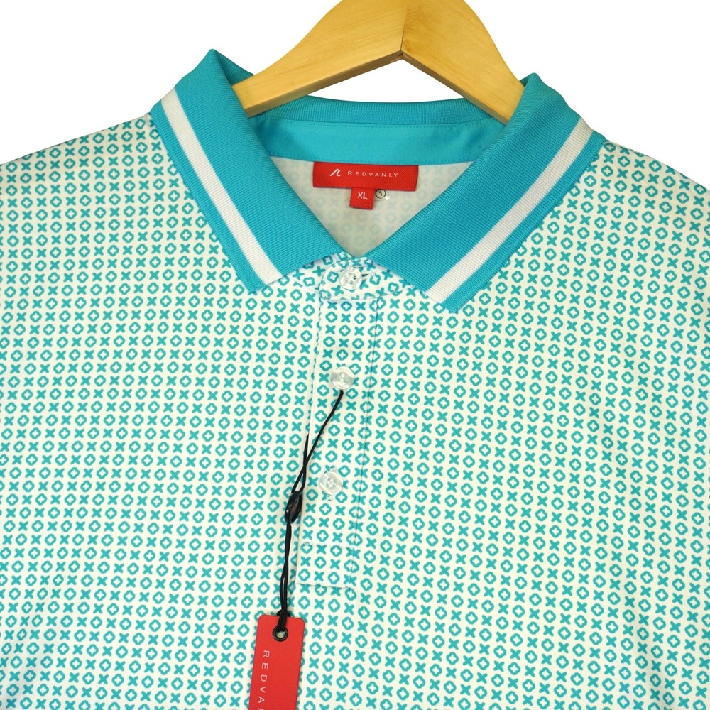 NEW REDVANLY Norvins Polo Men XL Blue White Geometric Performance Golf Shirt